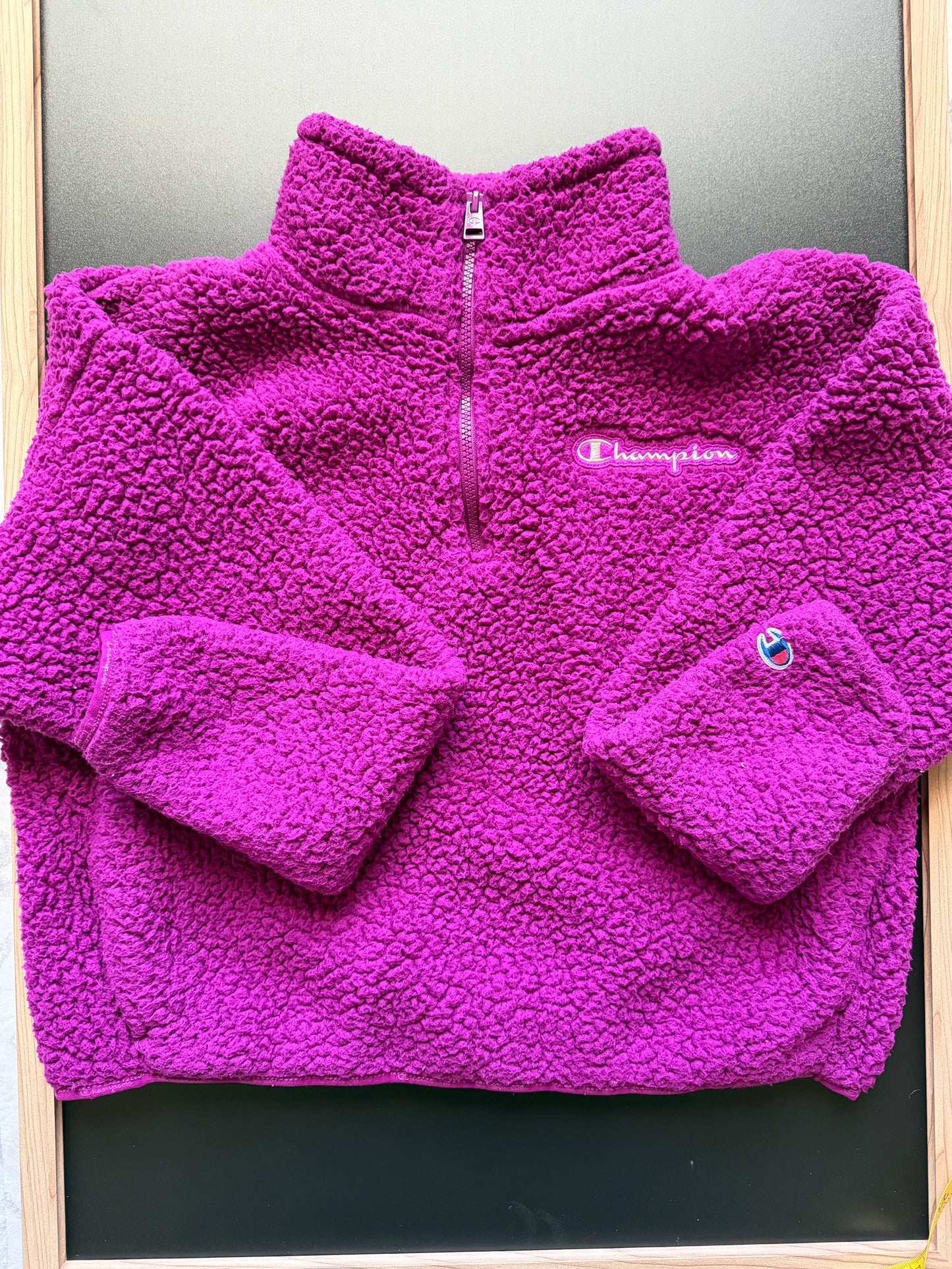 Champion Women's Cozy High Pile Quarter Zip Embroidered Logo pullover in Venture Pink